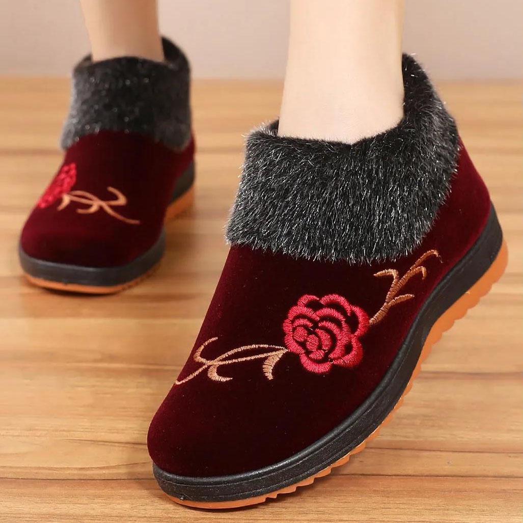 Women's Winter Flat Cotton Shoes Female Large Size Plush Thickened Soft Sole Anti Slip Embroidered Cotton Shoes