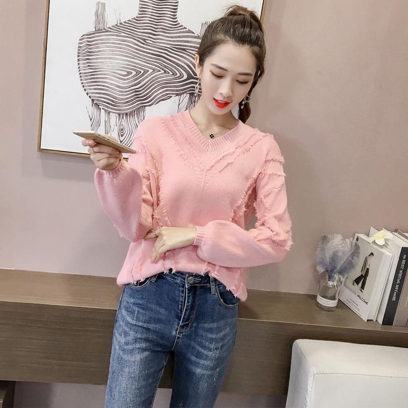 Pofulove Sweater Women's Pullover Autumn and Winter Short V-neck Loose Knit Bottoming Shirt Wild