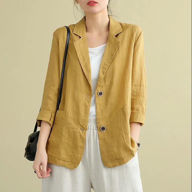 Loose Solid Color Cotton and Linen Small Suit Spring and Summer Linen Top All-match Long-sleeved Casual Temperament Jacket Women