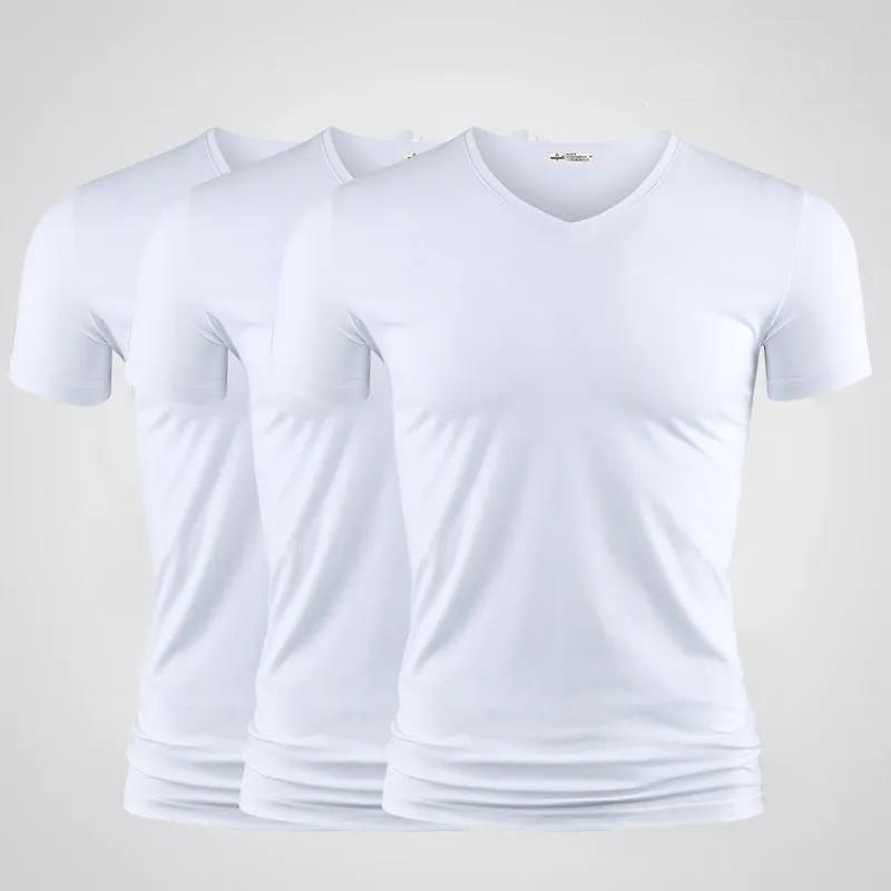 3pcs Modal T-shirt Slim Shirt Solid Color Casual Thin Tees V-Neck Short Sleeve Ice Silk Cool Pullover Men Clothing Summer