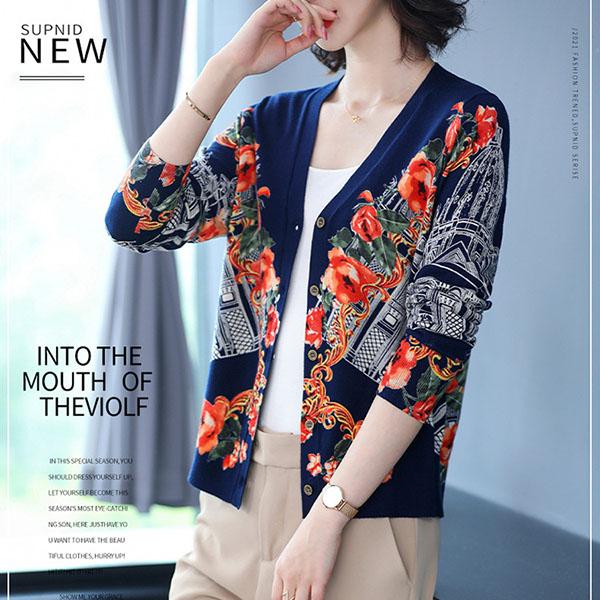 Women's  Print Cardigan Autumn and Winter Retro Loose Wool Sweater Plus Size Short Cardigan Sweater