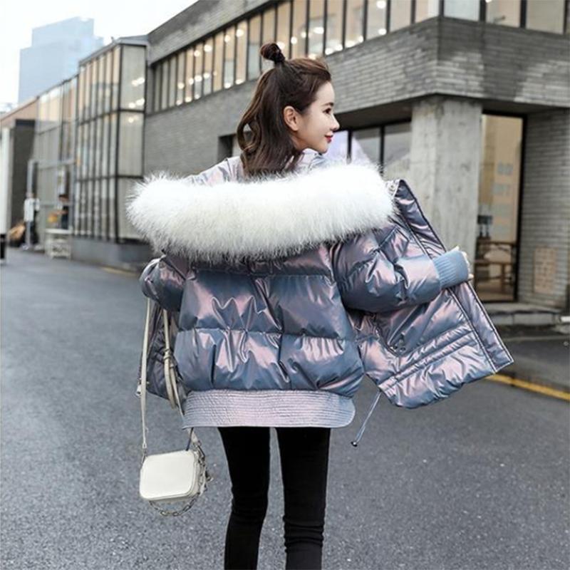 Women's Shiny Hooded Down Jacket Regular Korean Style Loose Thick Coat Warm Cotton Coat with Big Leather Collar Winter Jacket Quilted Jacket