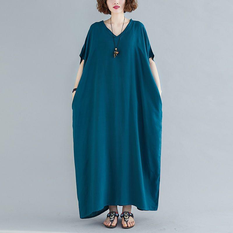 WTEMPO Plus Size Women Dress Summer V-neck Solid Color Long Dress Casual Bohemia Long Robe Full Length