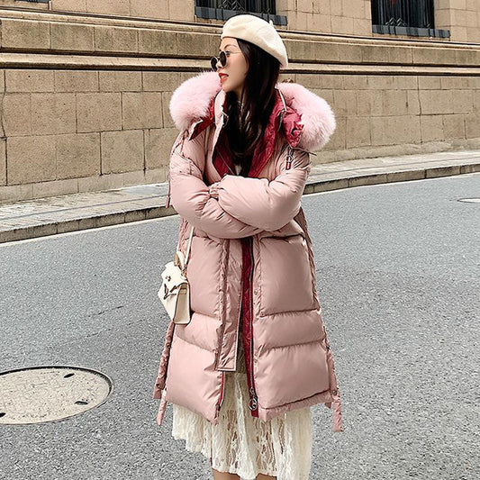 Winter Mid-length Down Jacket Women Over-the-knee White Duck Down Loose Fluffy Big Fur Collar Hooded Warm Jacket Winter Thick Warm Cotton Jacket