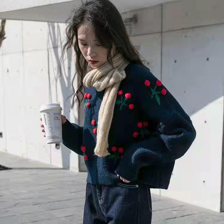Autumn and Winter Women's Sweater Korean Loose Round Neck Pullover Retro Cherry Pattern Top