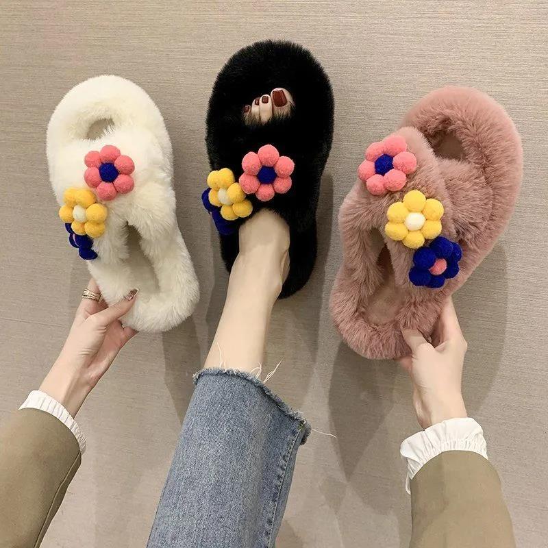 Hairy Slippers Women Winter Warm Comfortable and Cute All-match Flower Cotton Slippers Home Slip-resistant Women's Cotton Slippers