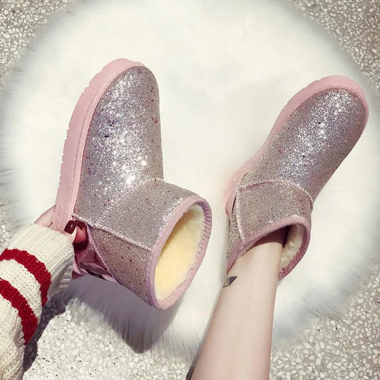 Winter Sequined Short Boots Flat Snow Boots Thickened Short Tube Cotton Shoes Plus Velvet Waterproof Non-slip Bread Women's Shoes