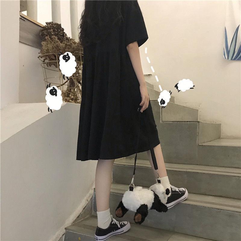 Summer Black Embroidered Solid Color Cute Sweet Girl College Style Age Reduction Looser  Short Sleeve Dress