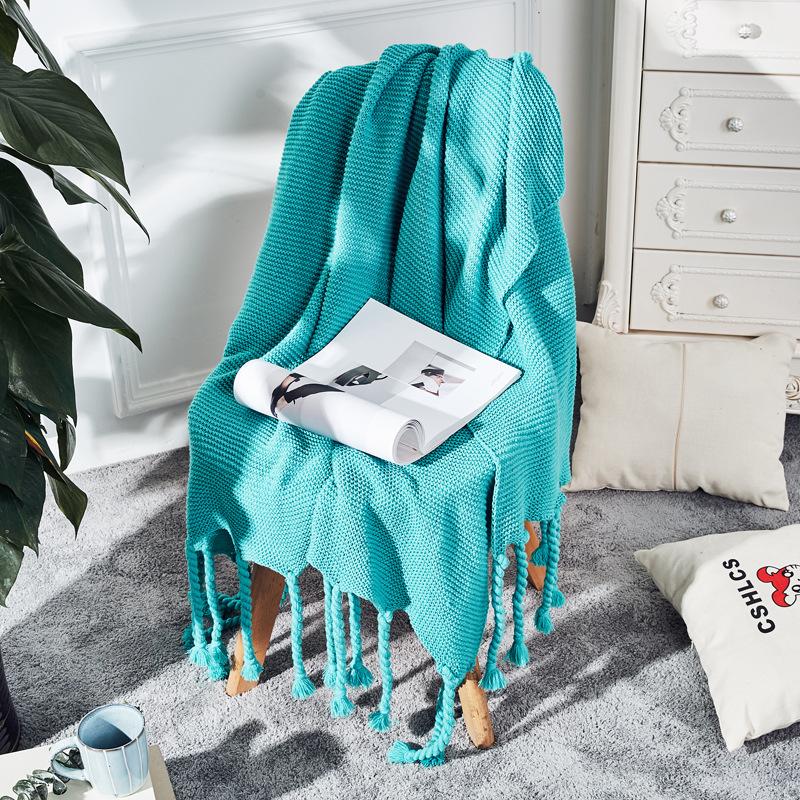 Nordic Plain Knitted Blanket Fringed Sofa Blanket Coarse Thread Nap Blanket