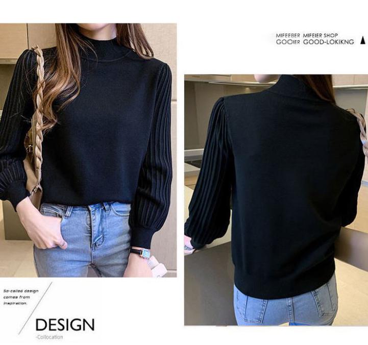 Women's Half Turtleneck Knit Sweater Fashion Lantern Sleeve Short Sweater Korean Style Loose Plus Size Sweater