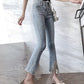 WTEMPO Tassel Trumpet Tight Women's Jeans Loose and Slim High Waist Zipper Denim Big Pocket Trousers