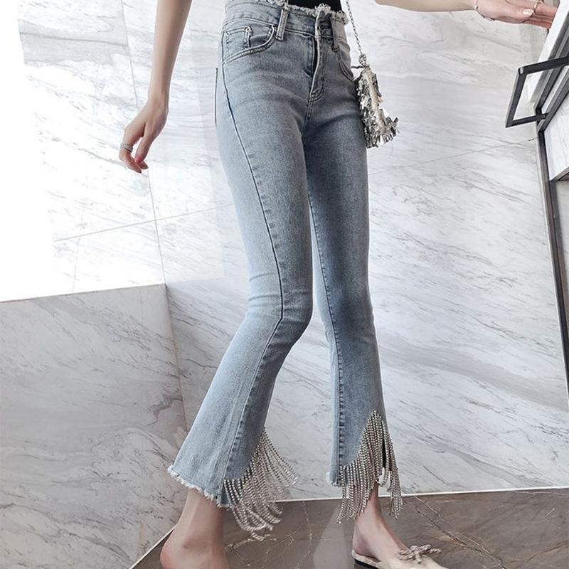 WTEMPO Tassel Trumpet Tight Women's Jeans Loose and Slim High Waist Zipper Denim Big Pocket Trousers