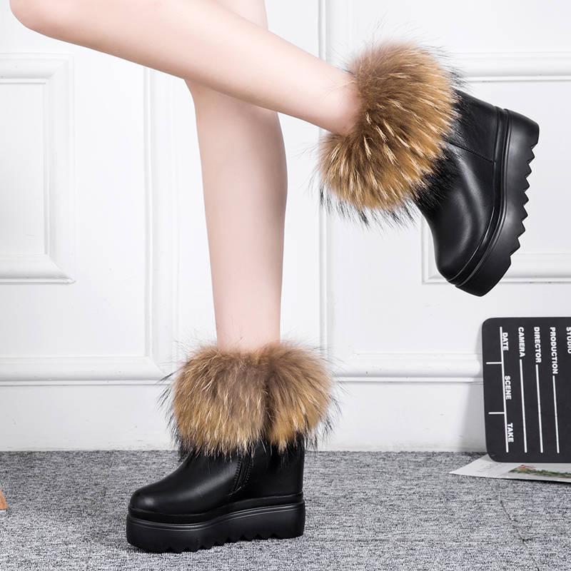 Women's Snow Boots Leather Fox Fur Wedges Non-slip Soft Bottom Boots High Heel Women's Shoes