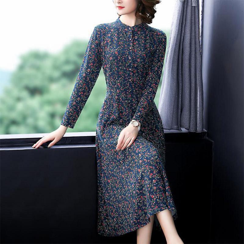 Large Size Long Sleeve Dress Middle-aged Women's Temperament Lady's Long Dress