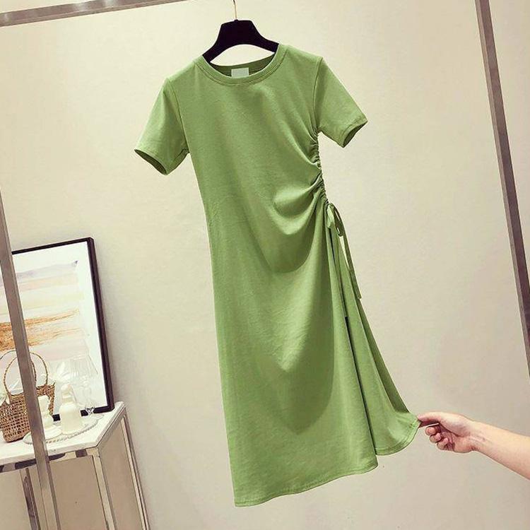 Ladies Mid-length  Round Neck Slim Base Short Sleeve Loose and Casual Solid Color Roped Drawstring Dress