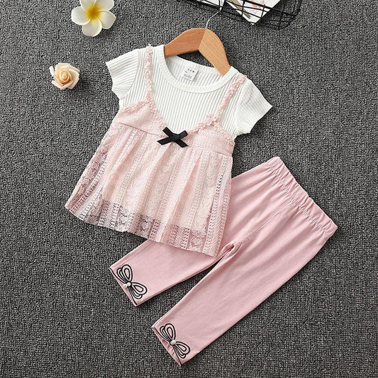 2PCS Children Clothing Set Spring Summer Girls Suits Yarn Short Sleeve Tops + Pants Clothing Set