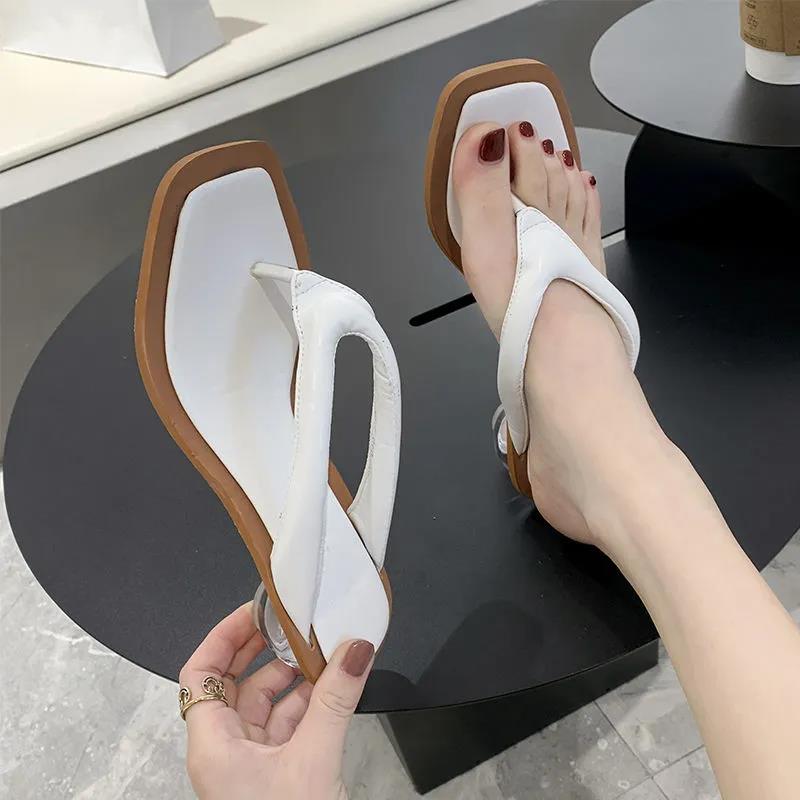 Square-toed Sandals and Slippers Women's Summer Outer Wear Transparent Crystal Medium Thick-heeled Flip-flops Ladies Temperament Sandals and Slippers