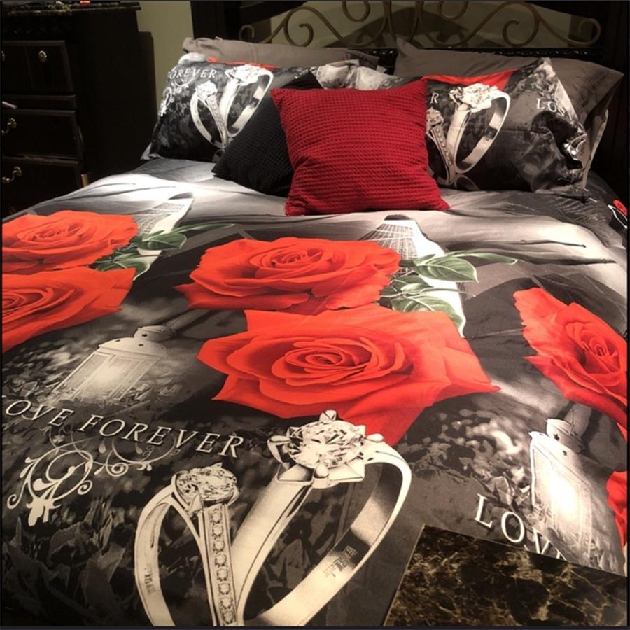 WTEMPO 2/3pcs Fashion 3D Rose and Diamond Ring Print Love Wedding Bedding Sets Queen King Size Duvet