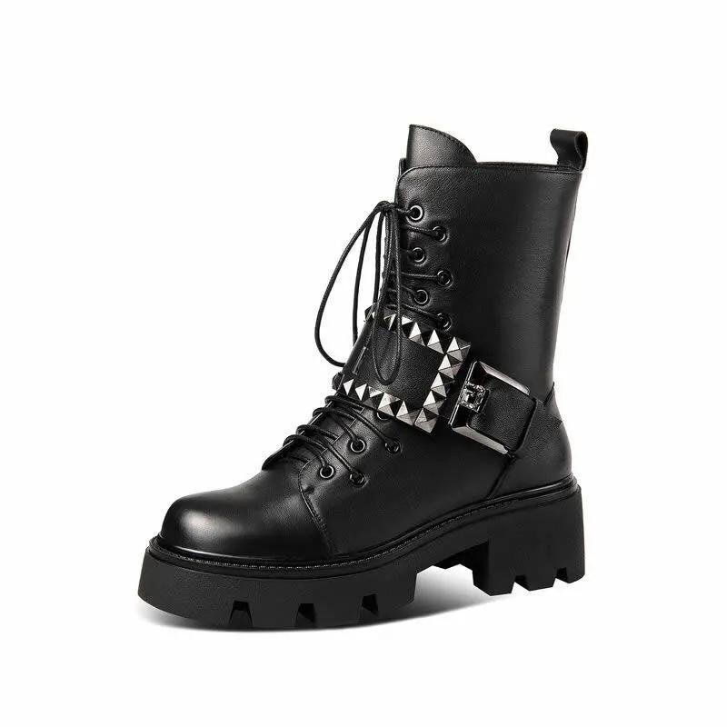 Spring Autumn Thick-soled Round Toe Martin Boots Belt Buckle Short Boots British Shoes Single Boots Motorcycle Shoes