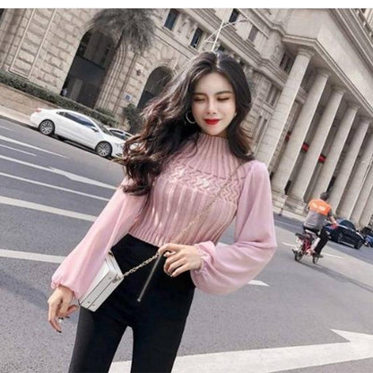 Pofulove Temperament Half Turtleneck Short Sweater Chiffon Lantern Long Sleeve Paneled Sweater