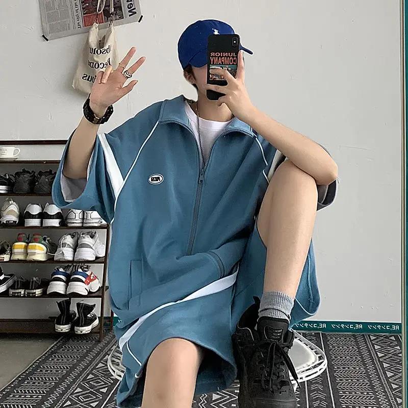 Summer Retro Short-sleeved Sports Suit Men and Women College Style Loose Short-sleeved Two-piece Wide-leg Five-point Shorts