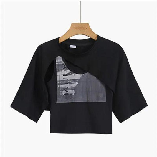 Gray Short-sleeved Irregular T-shirt Women's Short Umbilical Short Chic Top Two-piece Female Summer