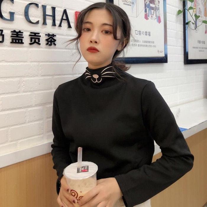 Pofulove Cute Animal Sweater Women Winter Plus Velvet Half Turtleneck Bottoming Shirt Long Slimming