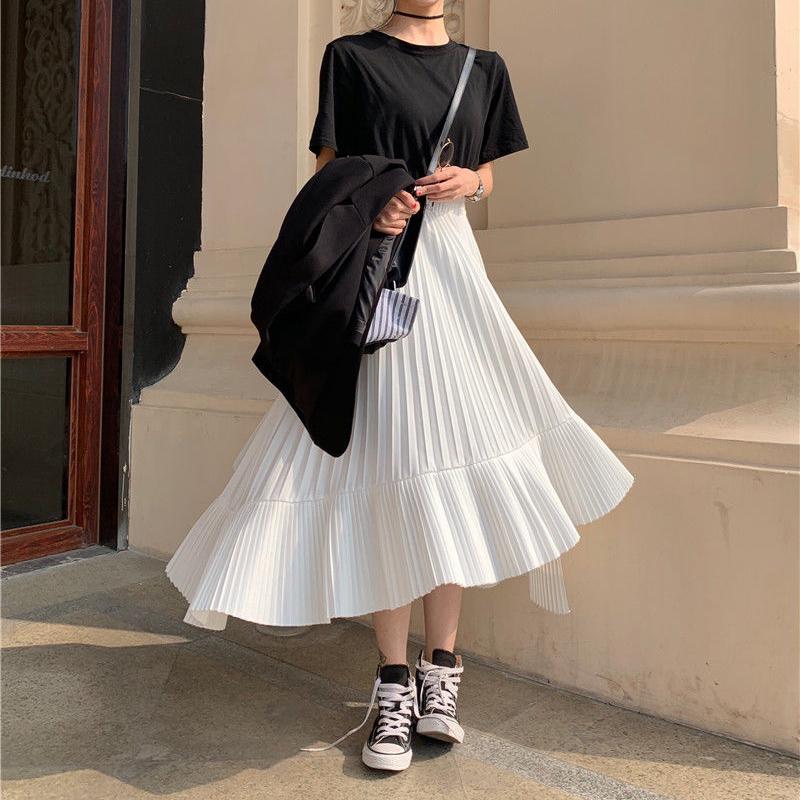 Women Pleated Skirt A-line Skirt Plus Size Summer Elastic Waist Sandy Beach Vacation Daily Irregular Skirt
