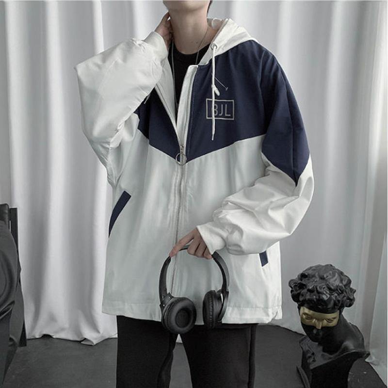 Colorblock Jacket Men's Loose Versatile Hooded Windbreaker Coat Couples Wear Thin Short Zip Long Sleeve Casual Coat Workwear