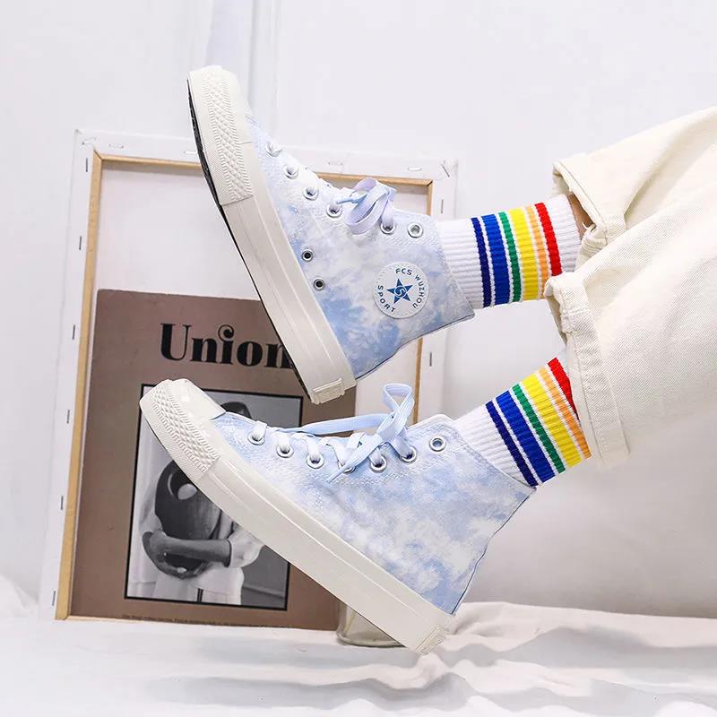 Gradient Color Lace-up Canvas Shoes Female Students Korean Style High-top Shoes Female Tie-dye Shoes