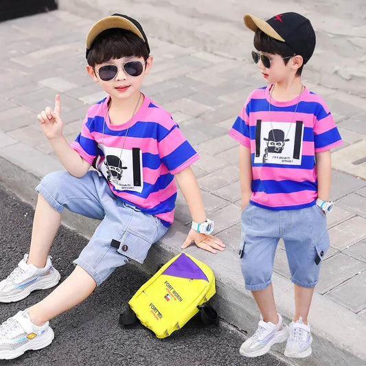Children's Clothing Boys Summer Suit Short-sleeved Pullover Top + Denim Shorts Boys Sports Leisure Breathable and Comfortable Two-piece Suit