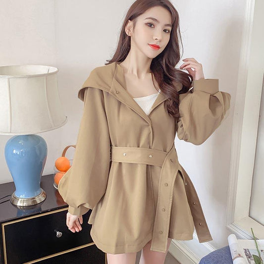 Short Windbreaker Women's Spring and Autumn Loose Hooded Lantern Sleeve Large Size Raincoat Jacket