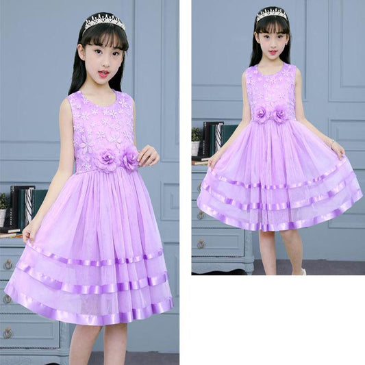 Girls' Dresses Princess Dresses Summer Performance Dresses Skirts Girls Big Children Two Flower Color Stripes