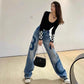 Letter Stitching Denim Trousers Women's Contrast Color Early Spring Casual Fashion Trend All-match Show High Leg Length