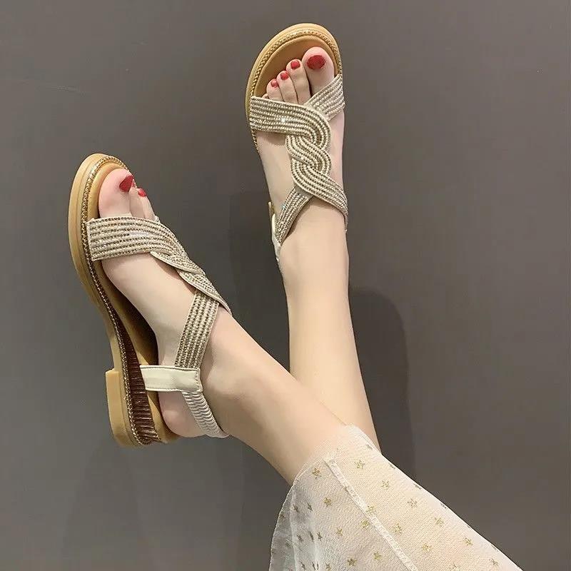 Wedge Sandals Women's Shoes Summer Soft Leather Rhinestones Comfortable Soft Bottom Low-heeled All-match Women's Flat Shoes
