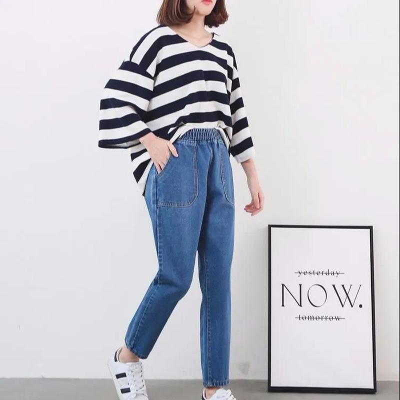 WTEMPO Spring and Summer Women's Trousers Loose Blue Large Size M-XXXXXL Elastic High-waisted Jeans Women's Loose Student Harem Pants
