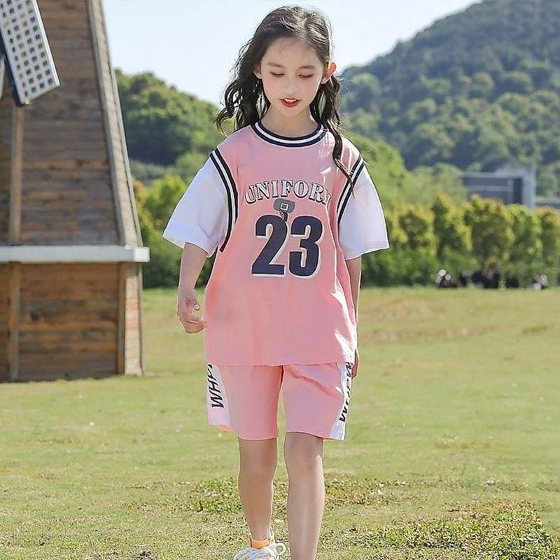 Girls Cotton Printing Comfortable Sweat-absorbing Sports Suit Basketball Suit Summer Children's Short-sleeved Shorts Breathable Clothes Two-piece Set