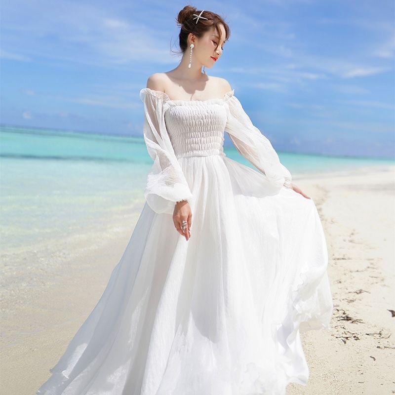 Woman skirt word shoulder chiffon dress female summer seaside beach skirt slim wild white dress
