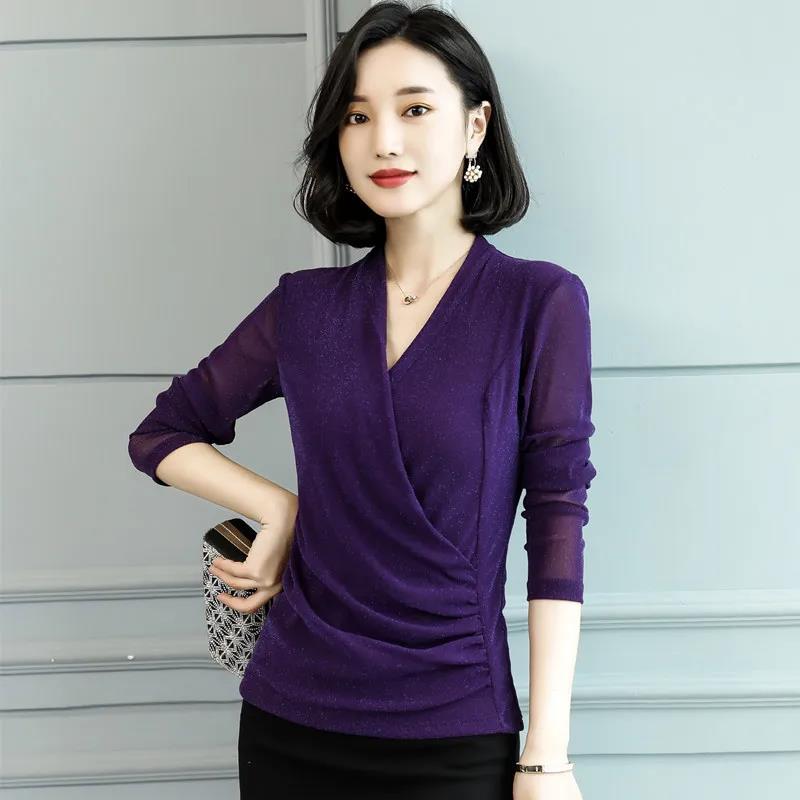 Mesh Bottoming Shirt Ladies Spring V-Neck Pullover Long Sleeve T-Shirt Slim Fit Slim Large Size Top