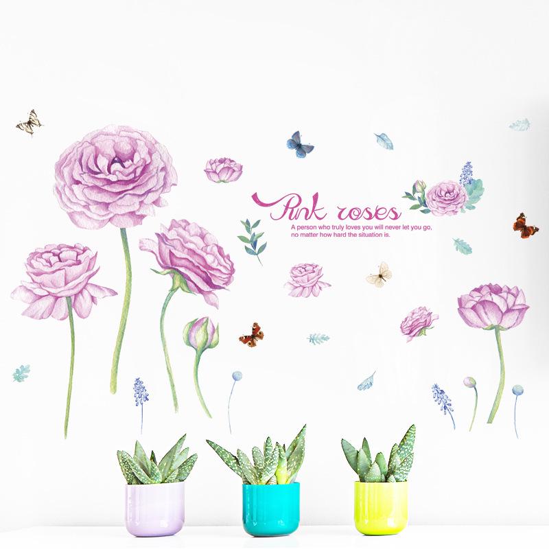Romantic Pink Rose butterfly Wall Sticker Bedroom Living Room Background Decorative Sofa Removable