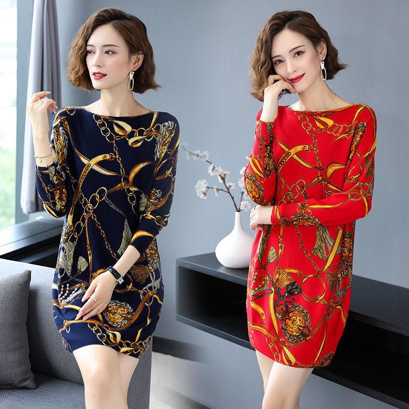 High-end Cashmere Sweater Women Autumn Plus Size Printed Wool Sweater Dress Women Mid-length Knit Dress Outwear