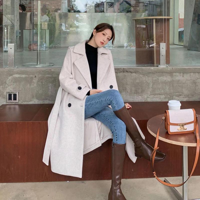 Autumn and Winter Woolen Coat Hepburn Style Fashion Waist Woolen Coat Women's Mid-length Thick Over-the-knee Woolen Coat