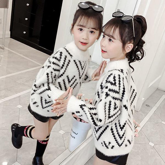 Autumn and Winter Thickened Children's Sweater Round Neck Knit Sweater Slim Long-sleeved Bottoming Shirt Little Girl Fashion Coat
