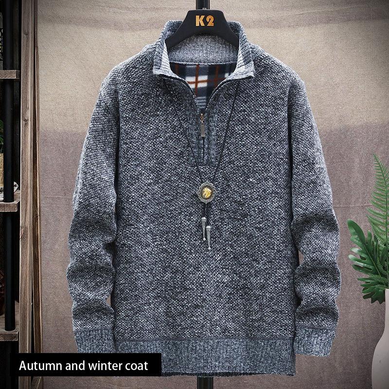 Men's Knitted Sweater Cardigan Trend Autumn and Winter Jacket Plus Velvet Padded Jacket Top