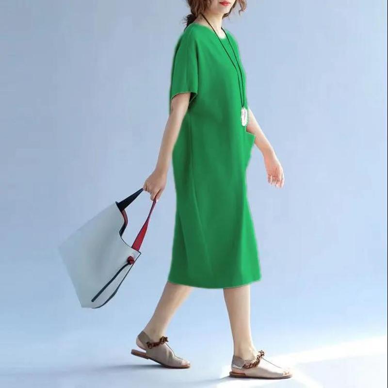 Lotus Pattern Summer Short Sleeved Mid-calf Length Large Size Loose Casual Solid Color Dress M-XXXL Size