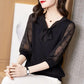 Large Size Chiffon Shirt Women's Loose Bow Tie Top Middle Sleeves Mesh Blouses Thin Belly Cover Shirt Solid Color Bottoming Shirt Casual All Match Top
