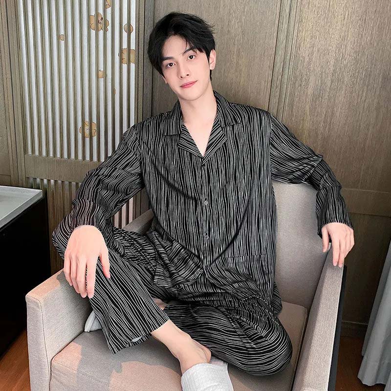Men's Pajamas Summer Cardigan Ice Silk Thin Section Spring and Autumn Long-sleeved Trousers Youth Plus Size Silk Homewear Suit