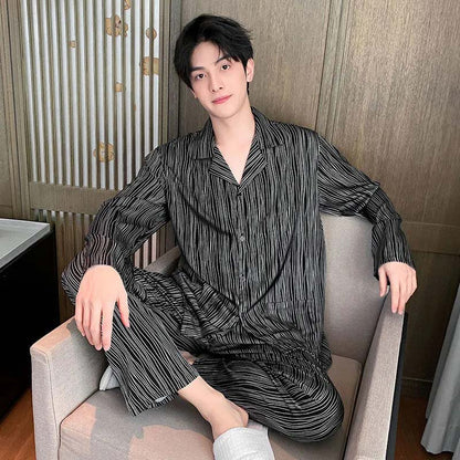 Men's Pajamas Summer Cardigan Ice Silk Thin Section Spring and Autumn Long-sleeved Trousers Youth Plus Size Silk Homewear Suit