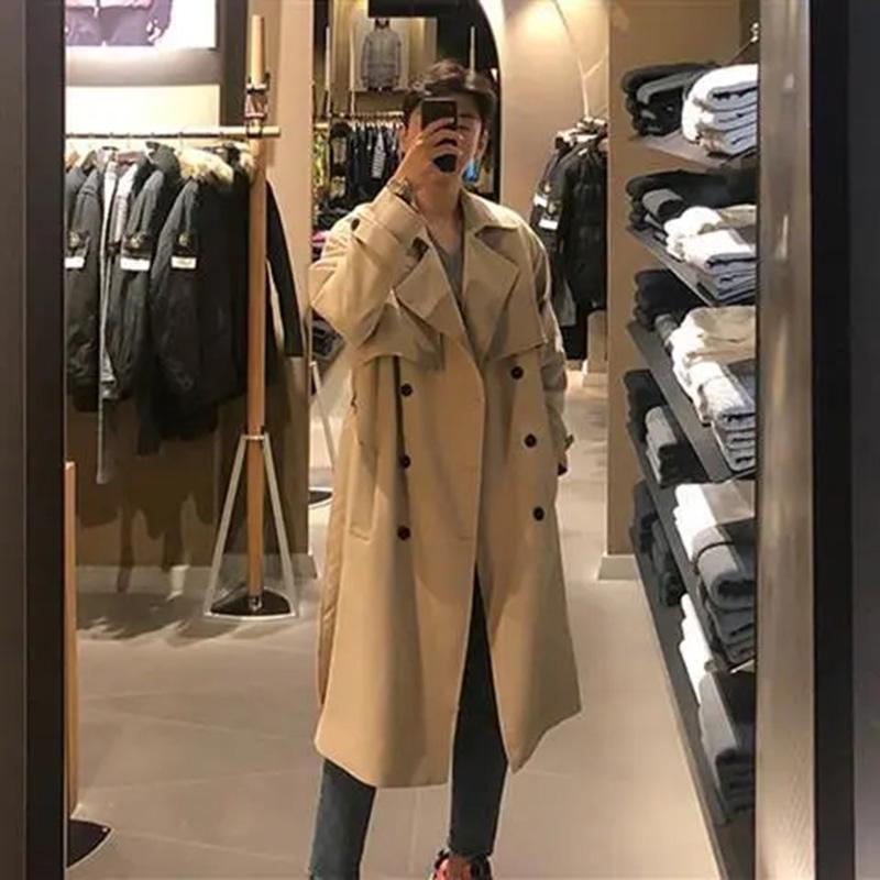 Spring New Windbreaker Men's Mid-length Korean Version Trend British Style Handsome Over The Knee Men's Khaki Coat