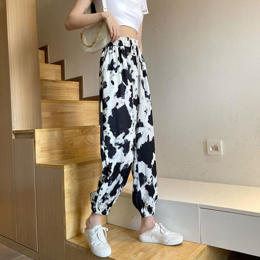 Ice Silk Ink Painting Sports Pants Women's Summer Loose and Thin Plus Size Harlan Casual Trousers